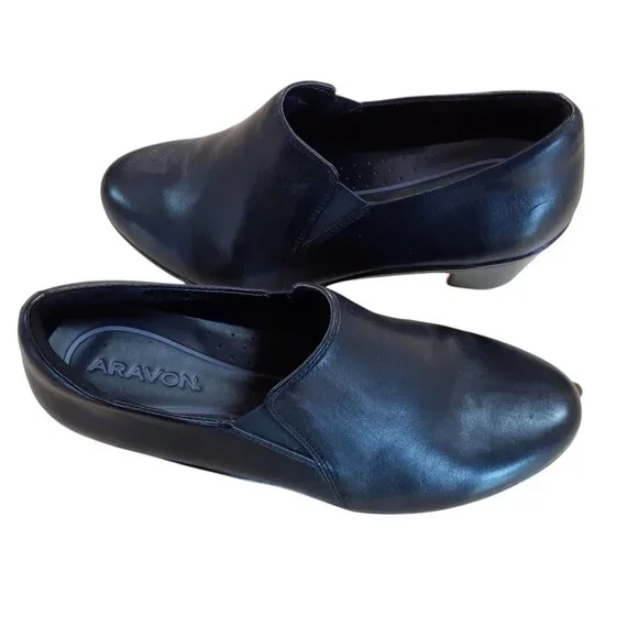 Aravon Slip On Loafer Womens Size 9 Black Leather Stretch Heels - Picture 2 of 4